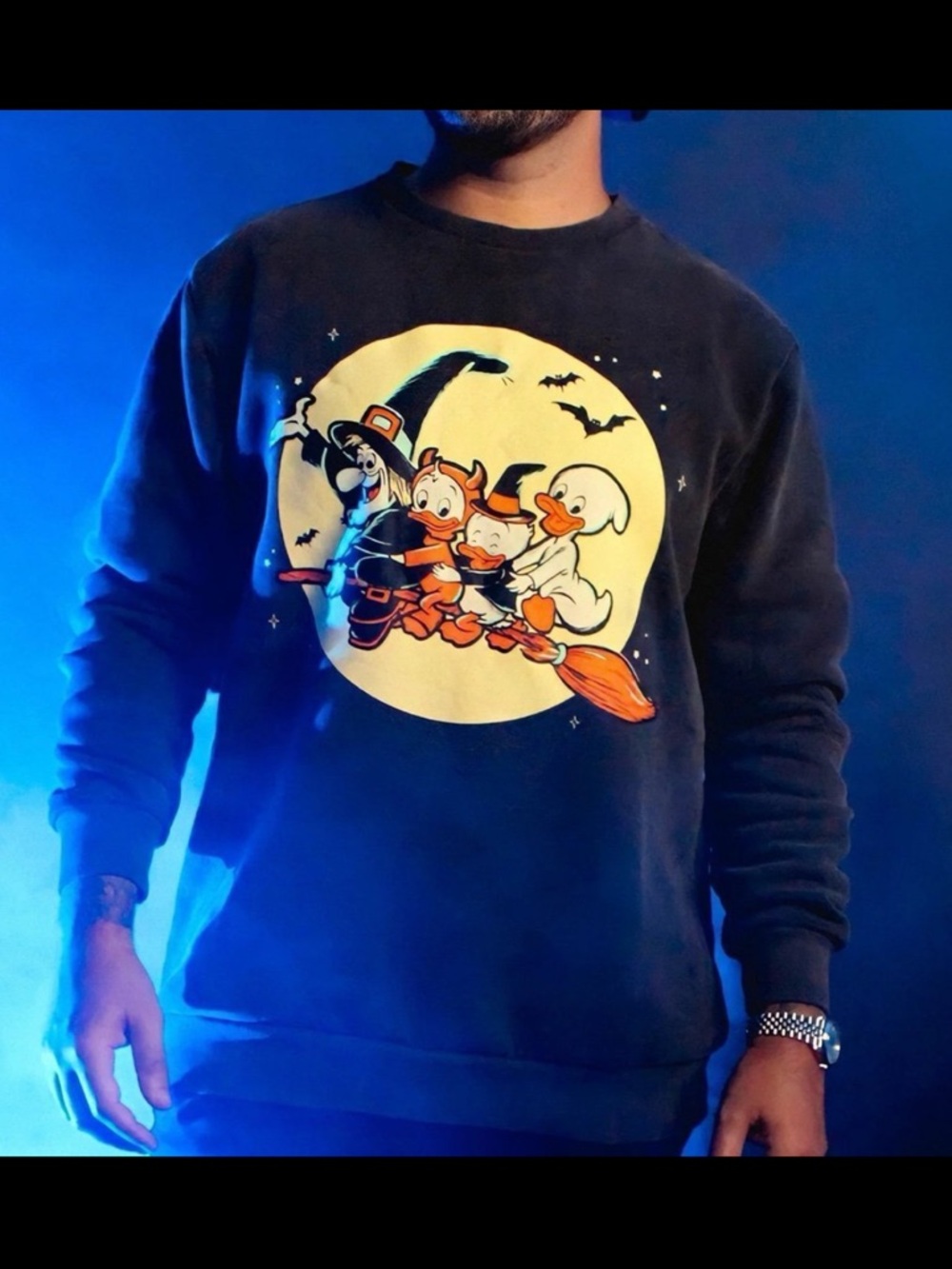 Vintage Halloween Cartoon Crewneck - Black with Yellow & Orange Graphic